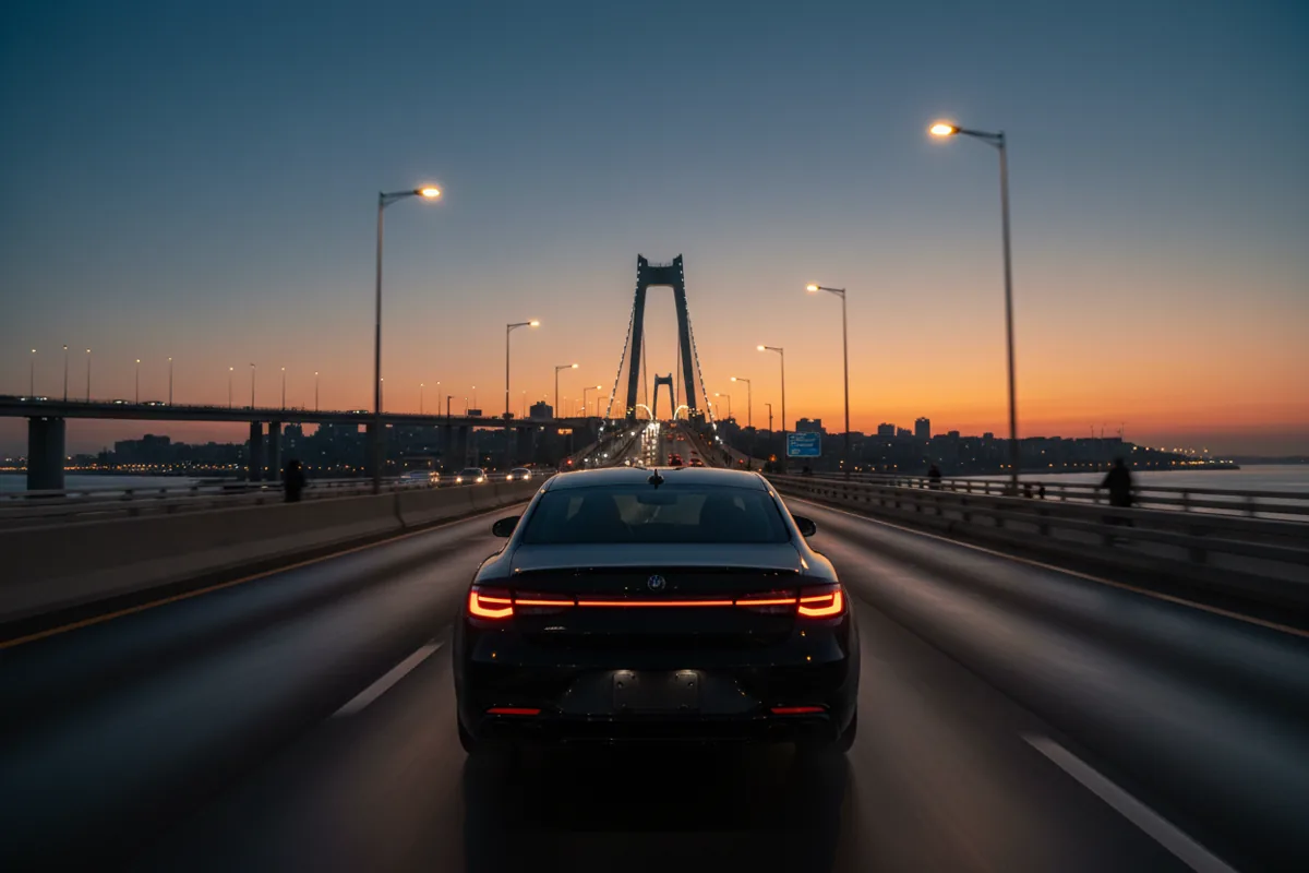 A luxury car driving on a highway at dusk, with the lights of a distant bridge ahead.