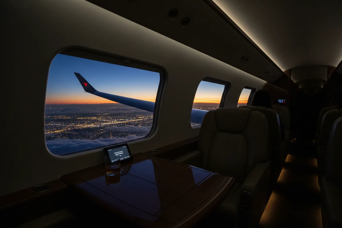 View from a private jet window at night, showing the wing and the glowing city lights below.