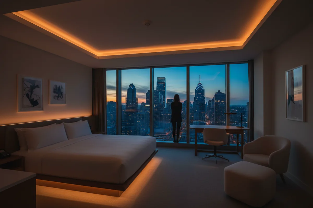 A luxury hotel room with a large window overlooking the Philadelphia skyline at dusk.