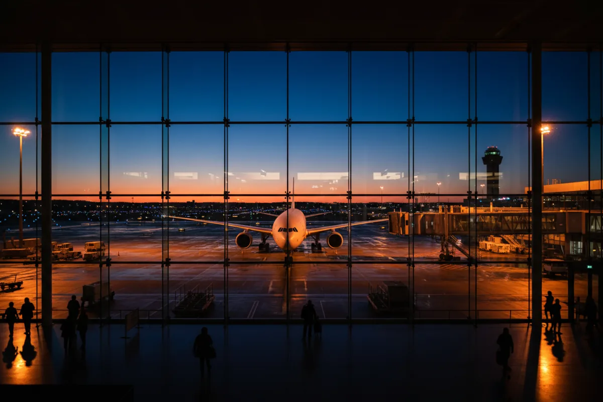 A view from an airport terminal window at dusk, looking at a passenger plane parked at the gate.