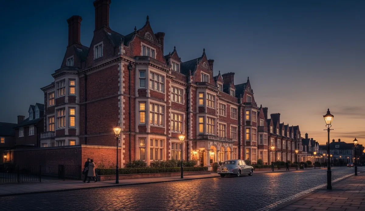 A historic luxury hotel in Southampton is lit with warm lights at dusk.