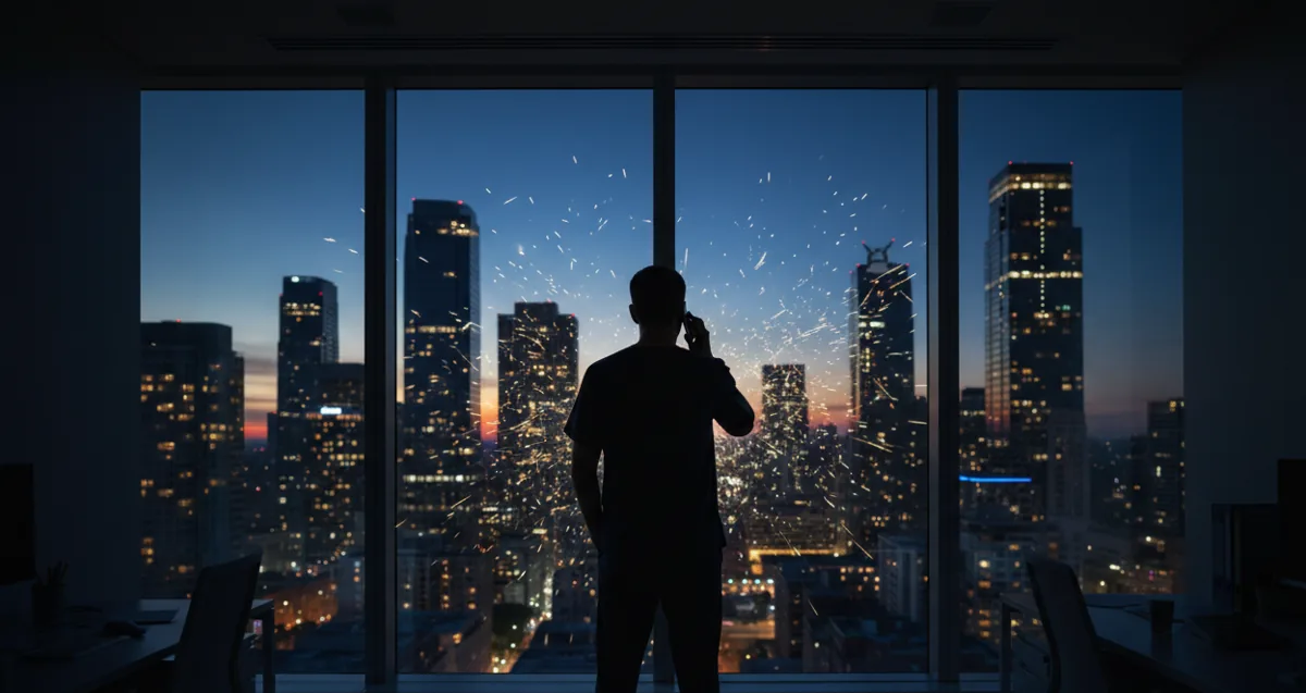 A doctor in scrubs on the phone, looking out a hospital window at a city at dusk.