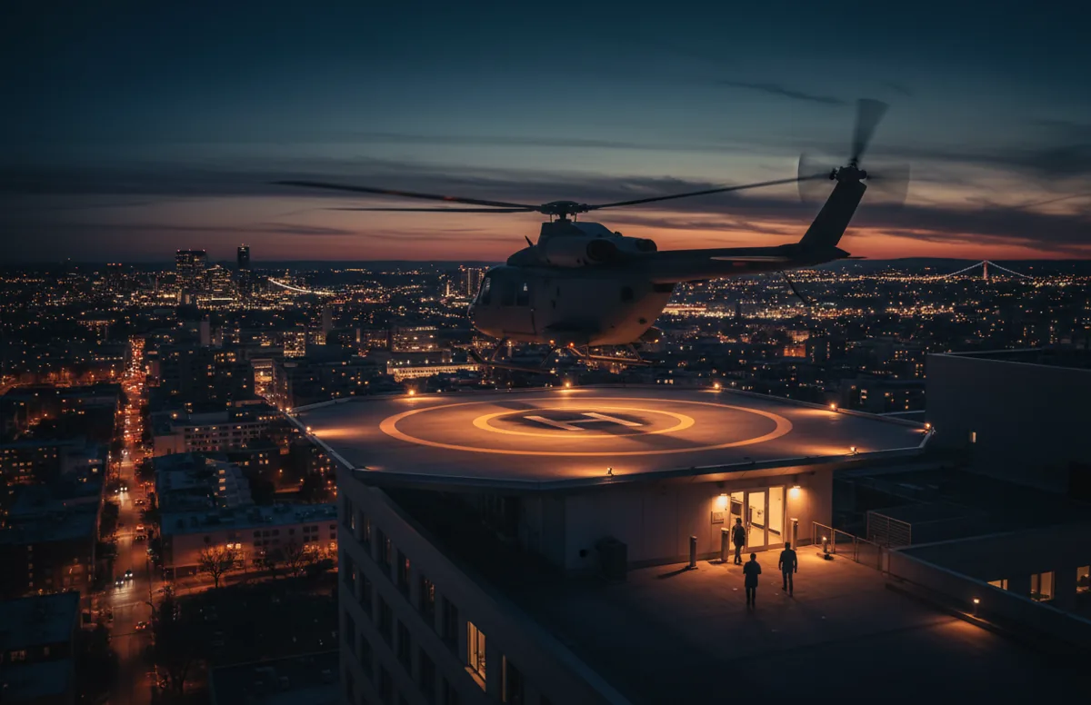 A helicopter landing on a hospital helipad at twilight with city lights below.