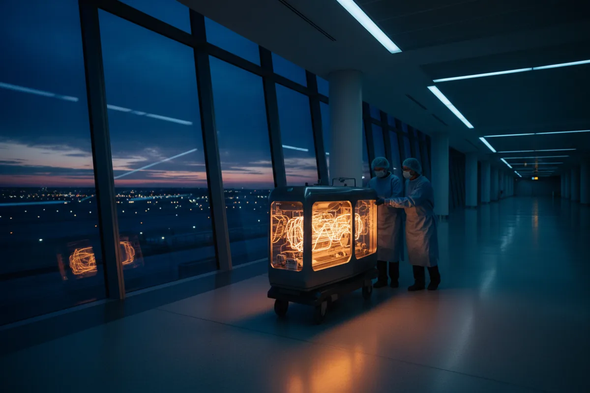 Medical staff move a glowing organ transport device through an empty airport terminal at night.