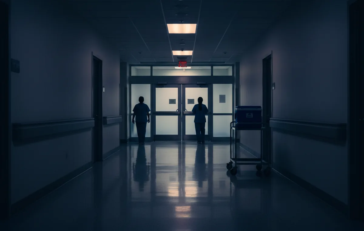 A quiet hospital corridor at night with a medical transport cooler on a cart.