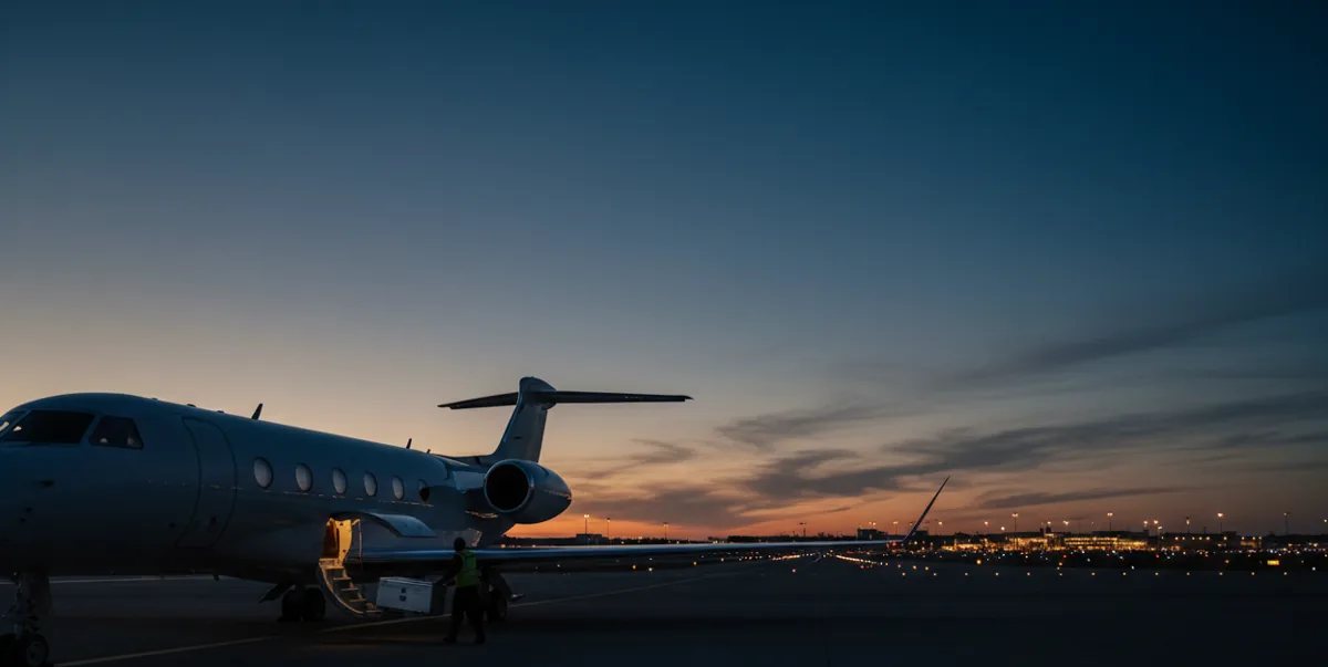 A medical cooler is loaded onto a private jet on an airport tarmac at twilight for urgent transport.