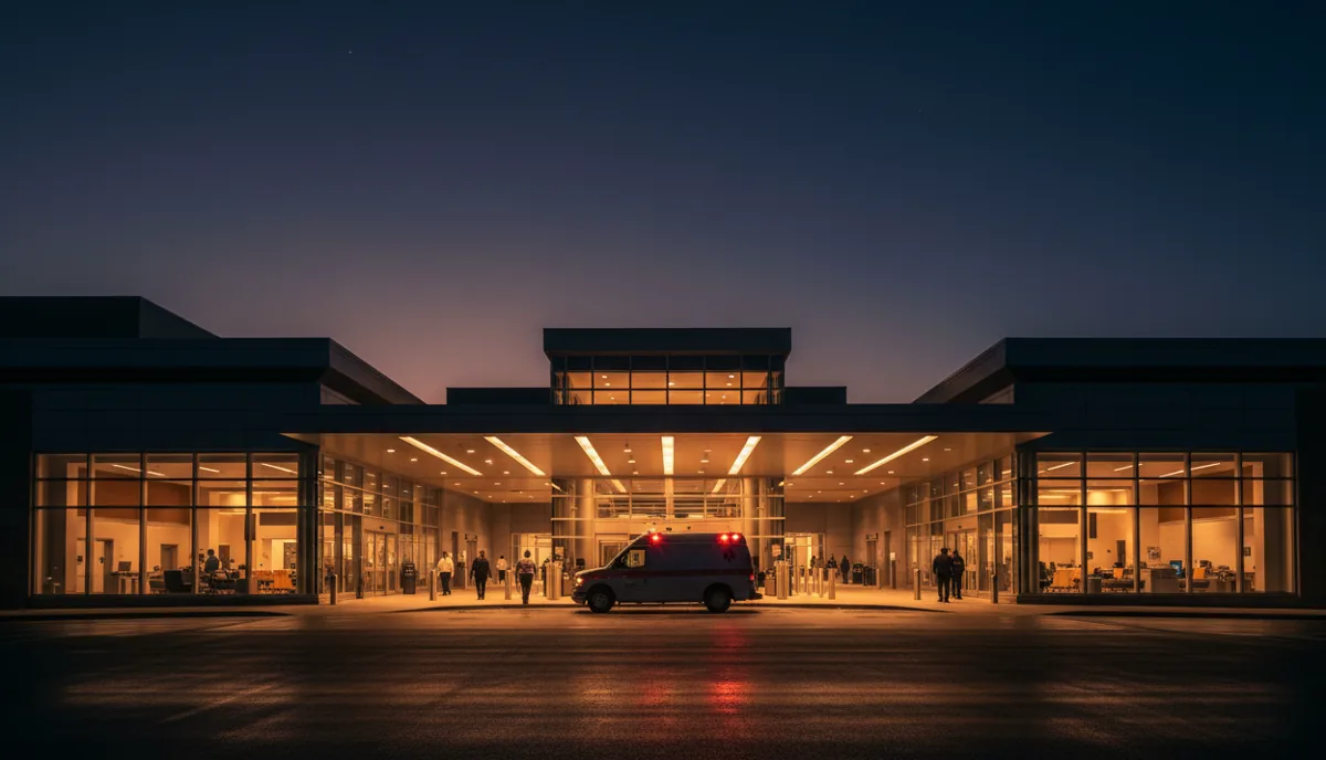 An ambulance waits at the warmly lit entrance of a modern hospital at night.