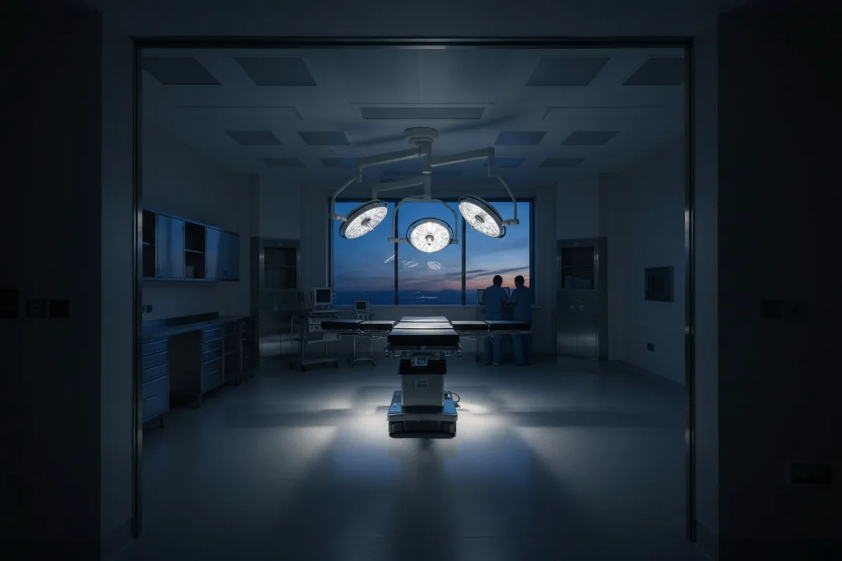 A clean, empty hospital operating room seen from the doorway.