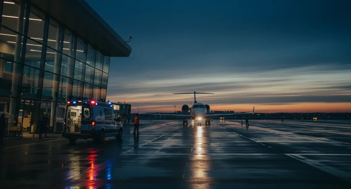 A private jet taxis on a tarmac at dusk near a waiting ambulance.
