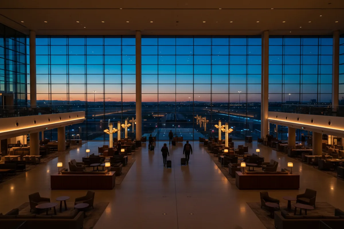 Travelers walk through a modern, spacious airport terminal lounge in the evening.