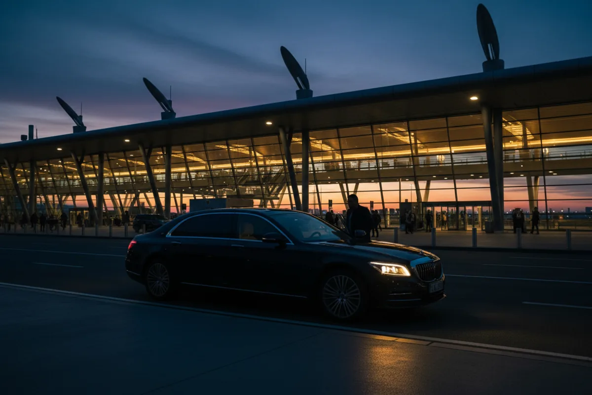 A luxury car drops off a passenger at the airport departures terminal at dusk.