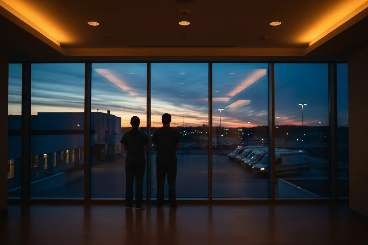 Two medical professionals look out a hospital window towards an ambulance bay at dusk.