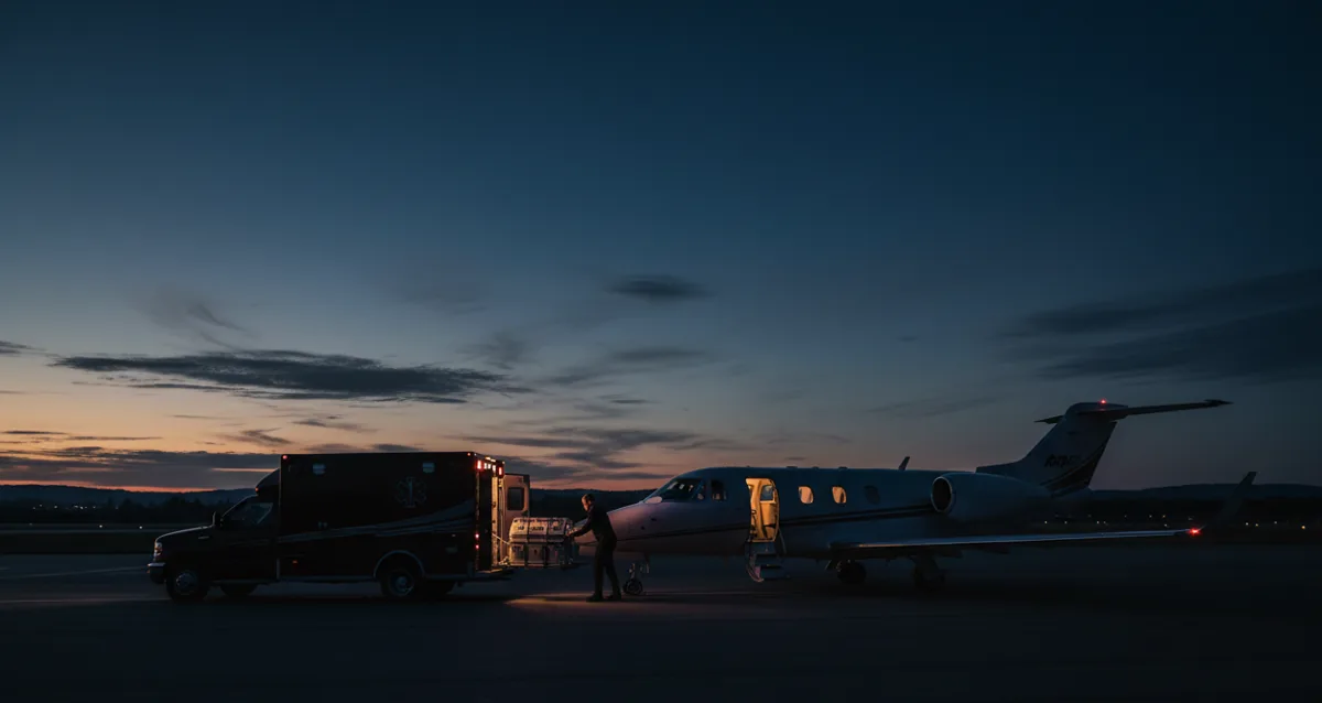 A medical container is transferred from an ambulance to a private jet on an airfield at dusk.