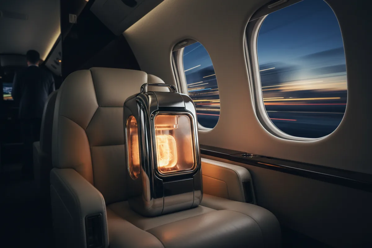 A glowing organ preservation device sits on a seat inside a private jet at night.
