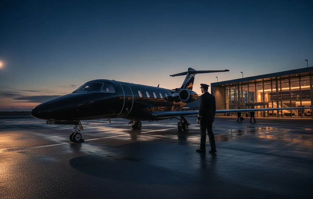 A pilot inspects a private jet on an airfield at twilight.