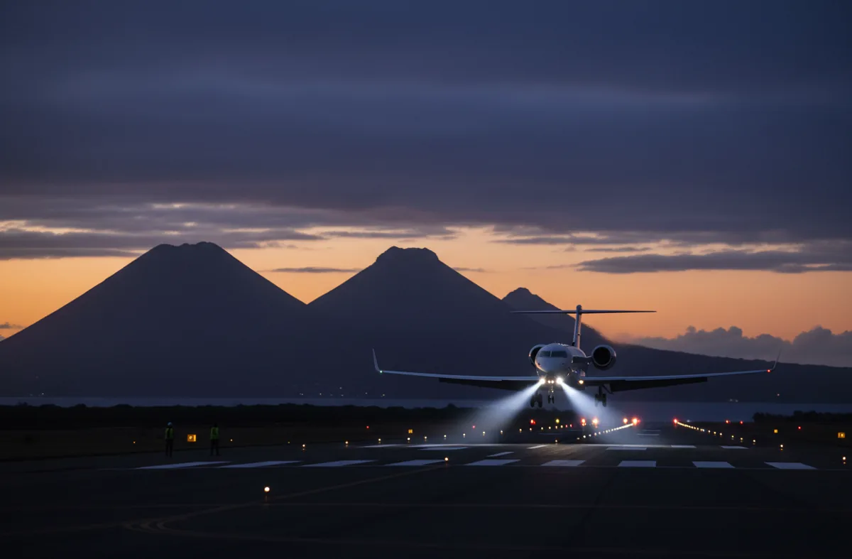 A private jet approaches a runway on a mountainous island at dusk.