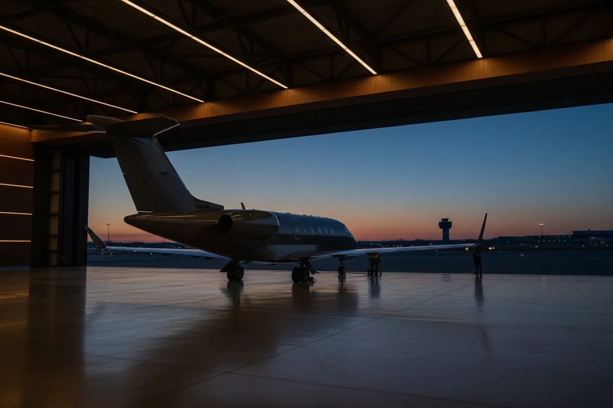 A private jet parked inside a modern, well-lit aircraft hangar at dusk.
