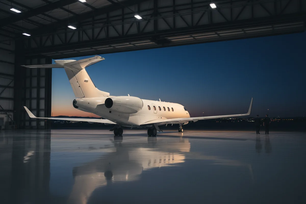 A midsize business jet parked inside a clean private hangar at dusk.