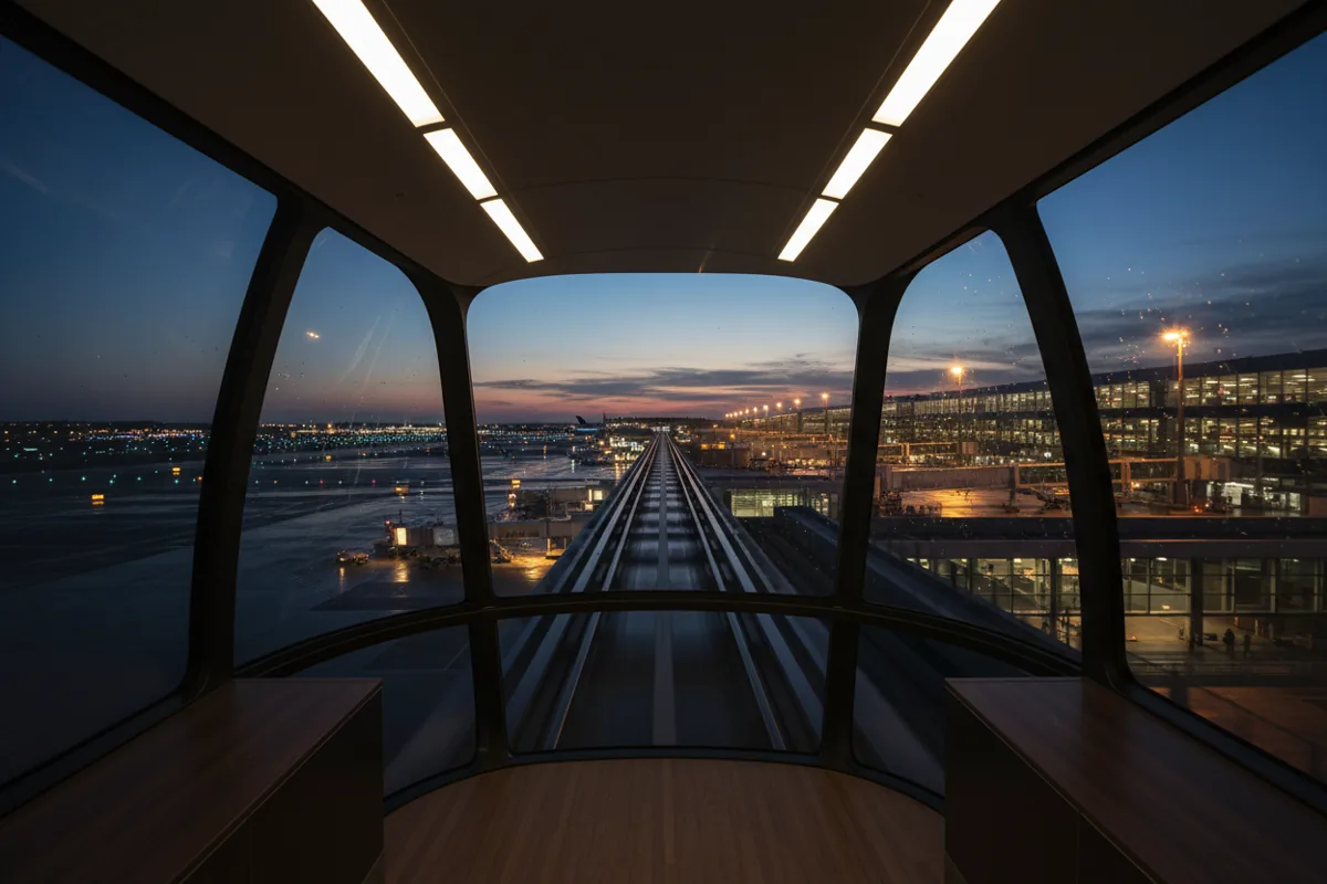 View of a glowing airport terminal and tarmac at dusk from inside a moving airport tram.