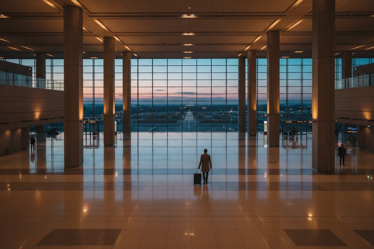 A traveler with a suitcase walks through a large, modern airport terminal at twilight.