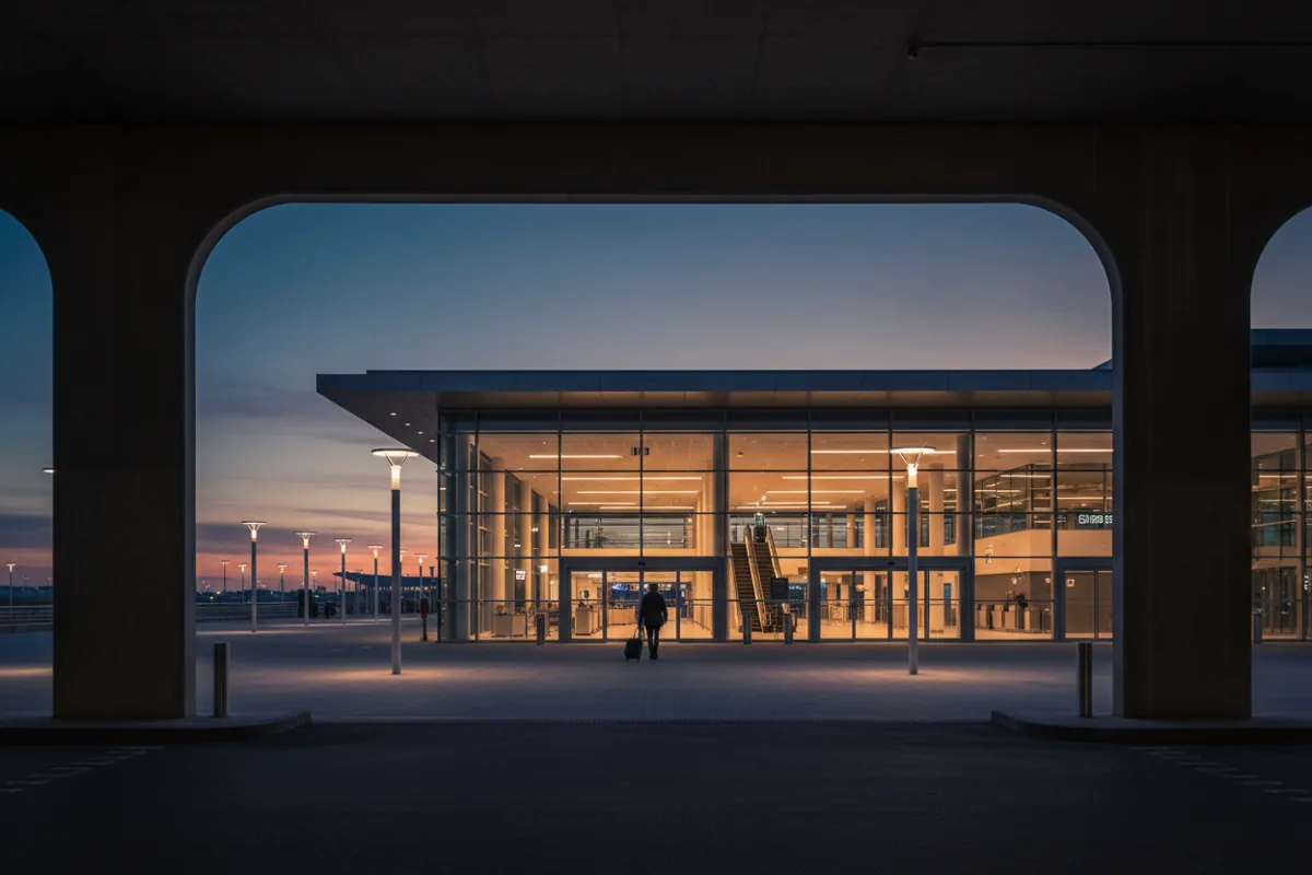 View from a parking garage looking towards a glowing airport terminal entrance at twilight.