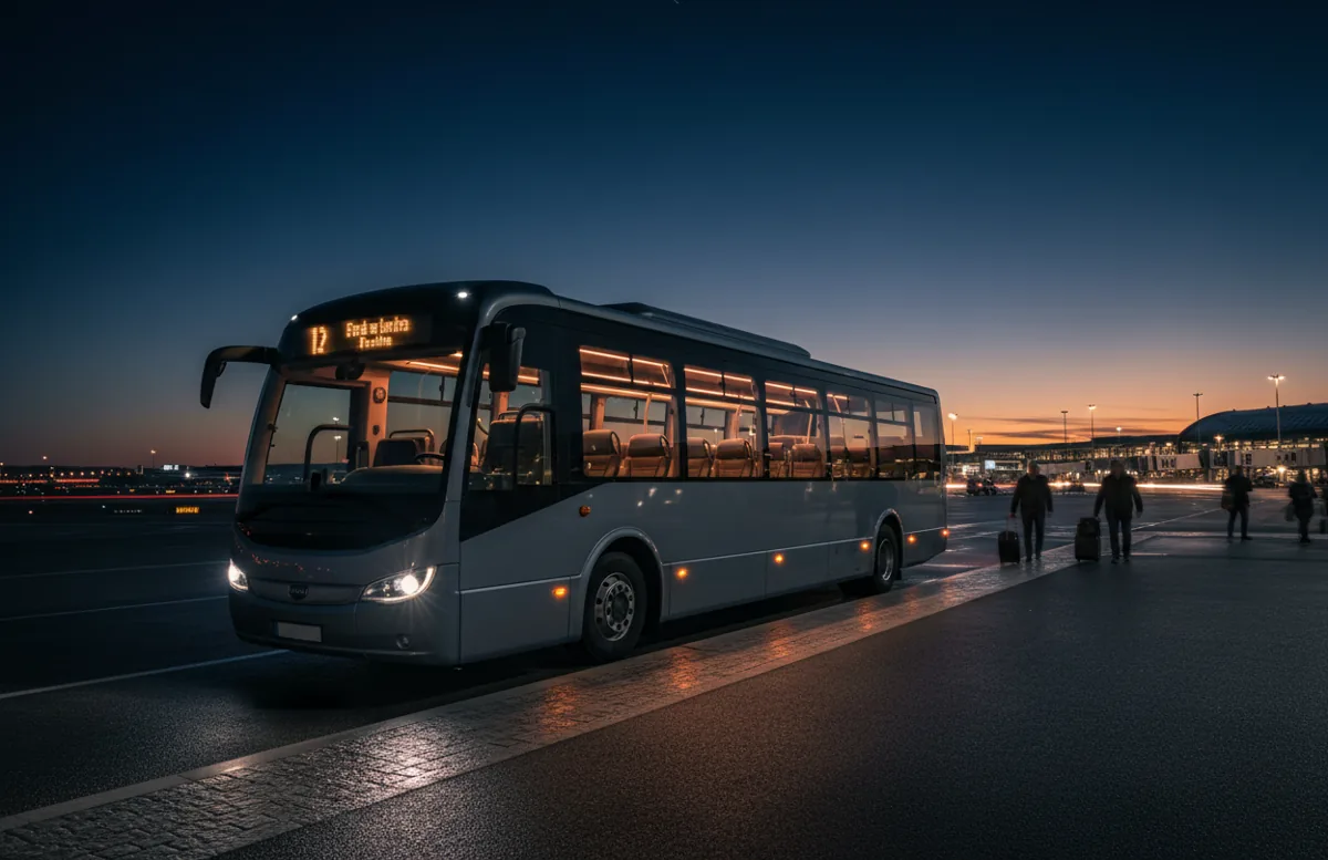 A modern airport shuttle bus with a warm, lit interior at a parking area during blue hour.
