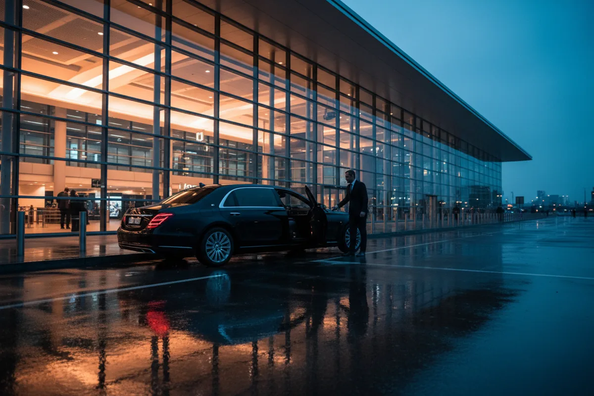 A dark sedan at the curb of a brightly lit, modern airport terminal at dusk.