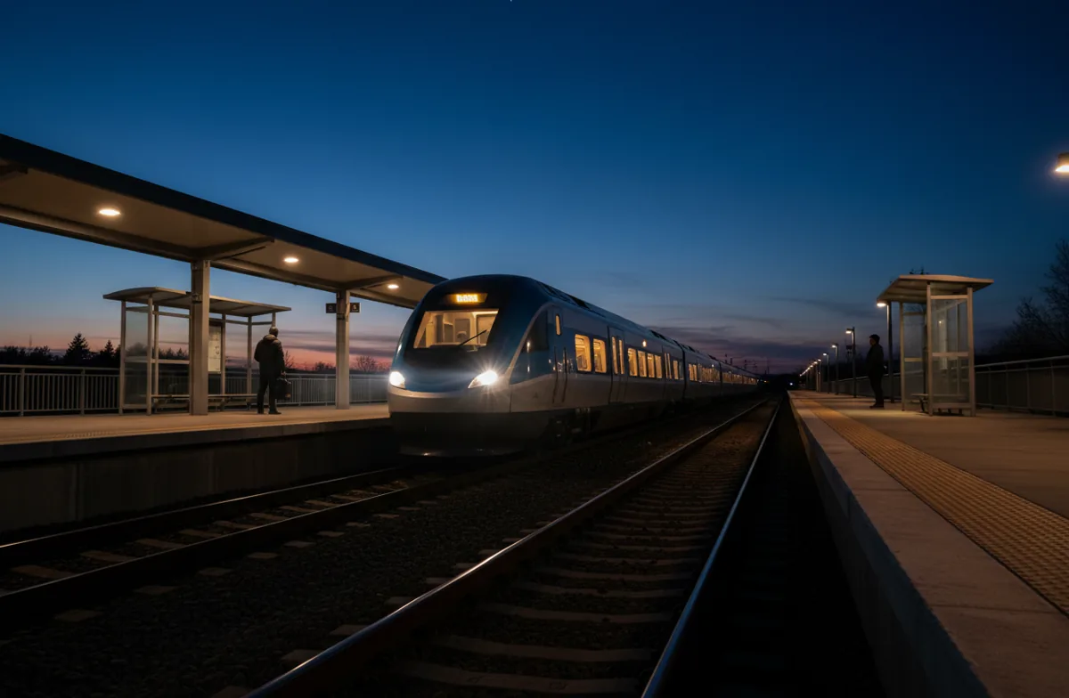 A modern commuter train with glowing windows arrives at a station platform at twilight.