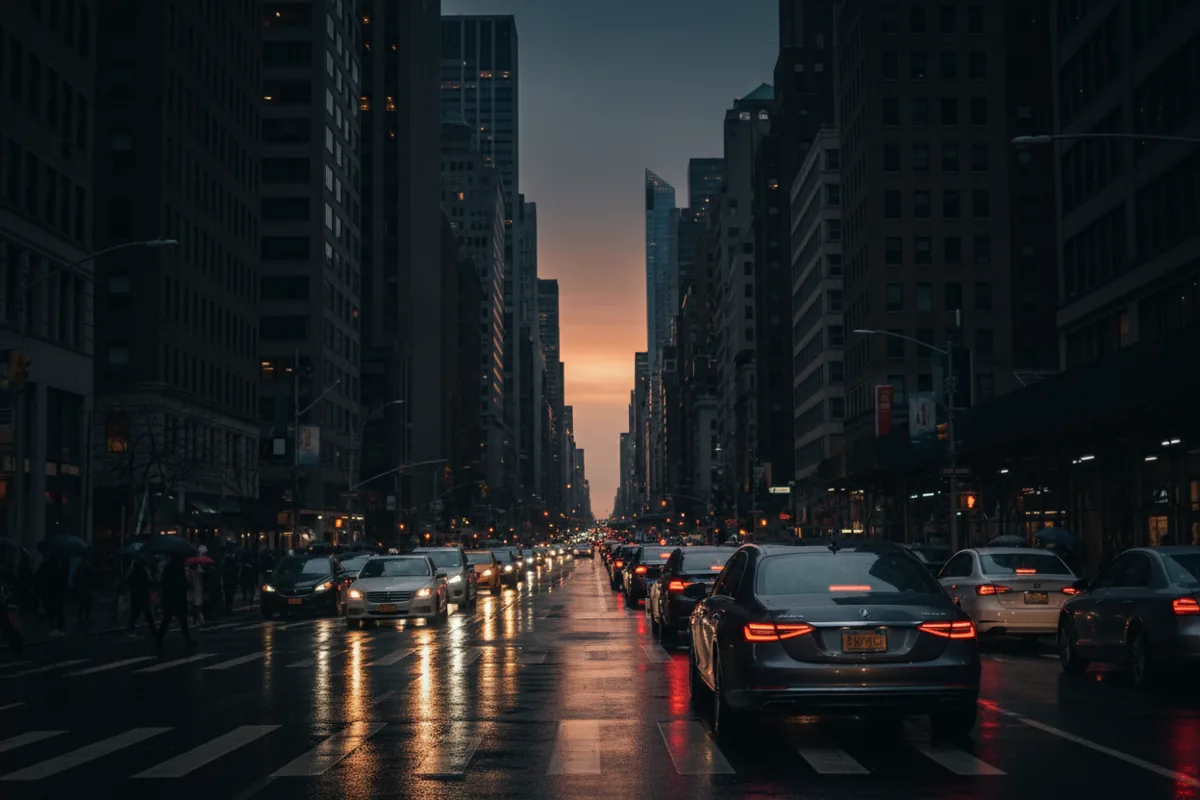 A luxury car in traffic on a city street at twilight.