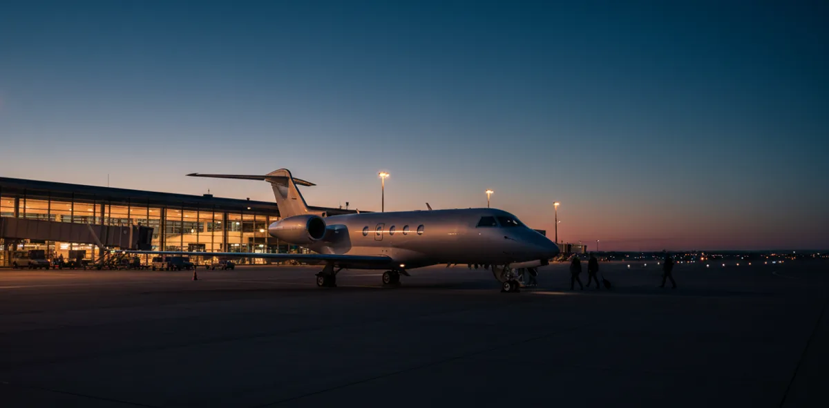 A private jet on an airport tarmac at dusk.