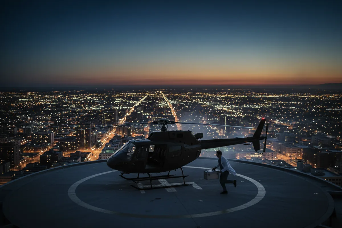 A helicopter on a hospital rooftop helipad at night, prepared for a medical transport.