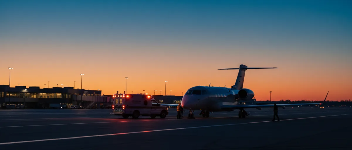 An ambulance meets a private jet on an airport tarmac at twilight for a time-sensitive transfer.