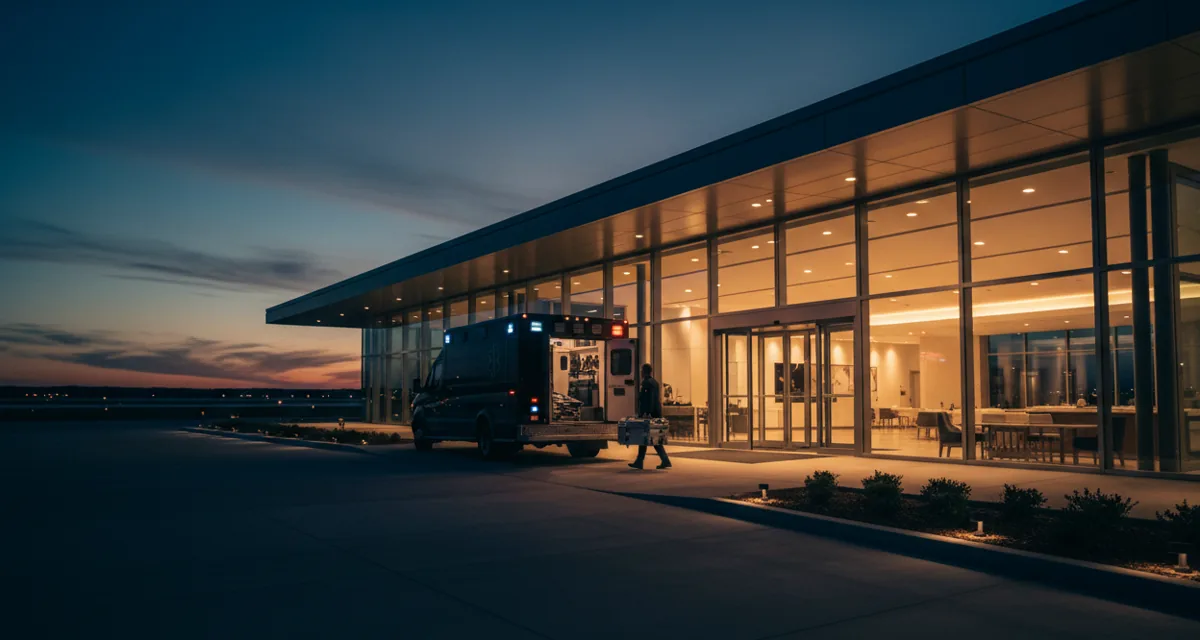 An ambulance parked outside a modern airport terminal at dusk, with a person carrying a box towards the entrance.