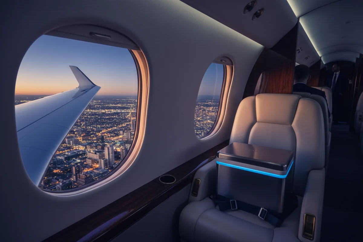 A medical transport cooler secured on a seat inside a private jet, with city lights visible out the window at night.