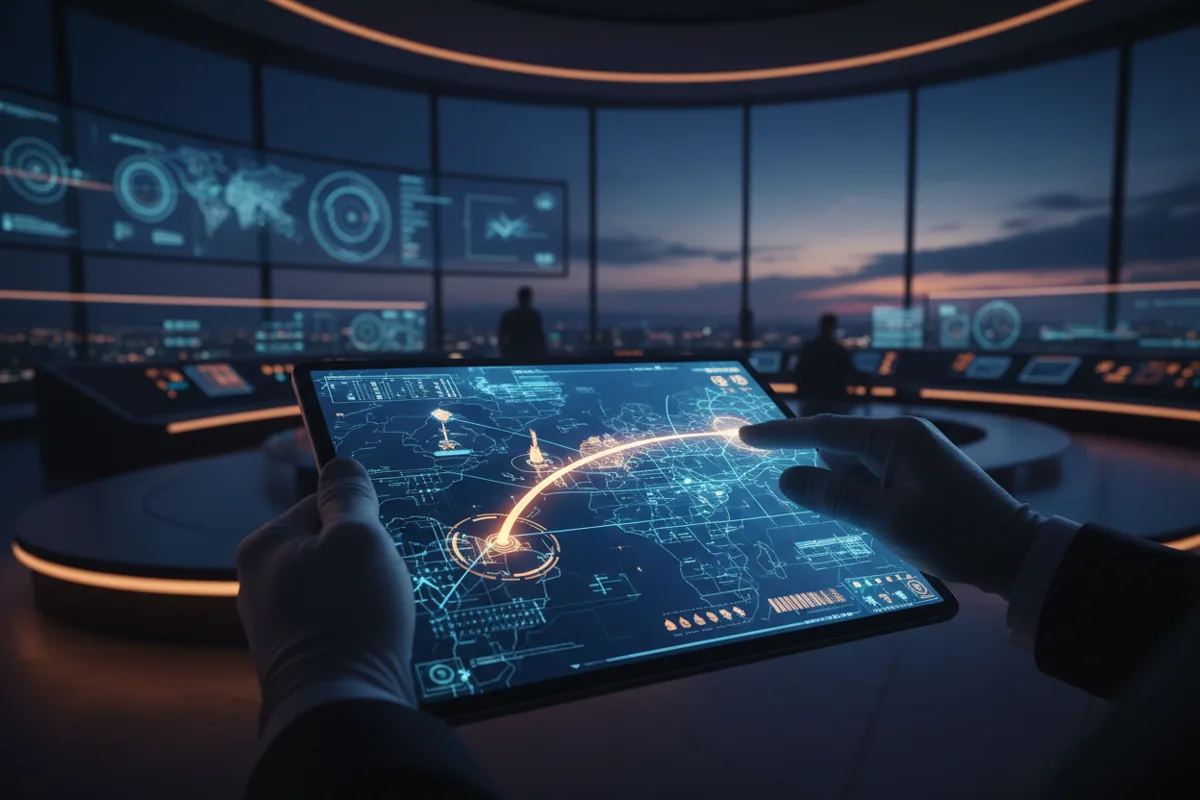 A person holds a tablet computer displaying a map with a route, representing logistics and tracking for a transport mission.