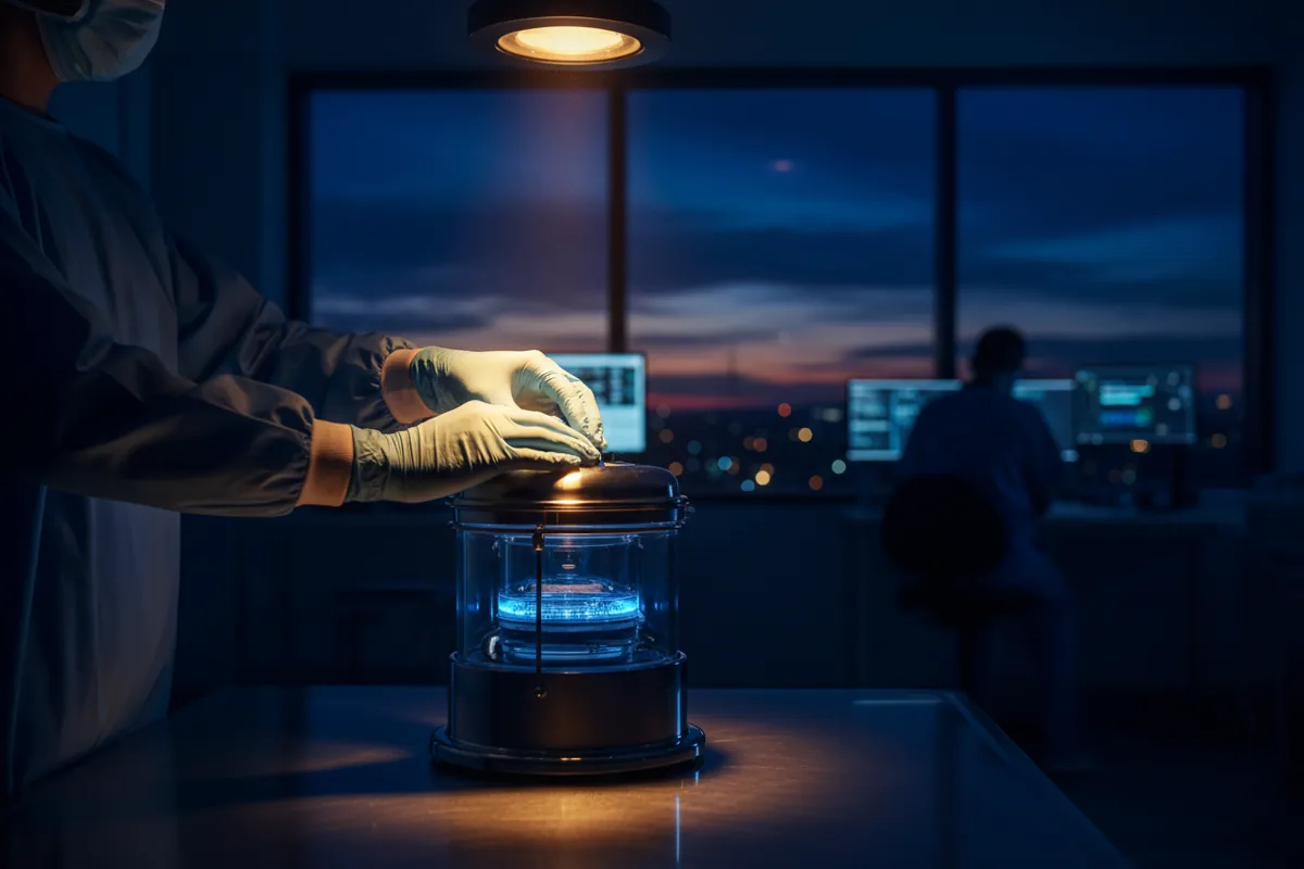 A gloved hand secures a specialized organ transport container in a medical lab.