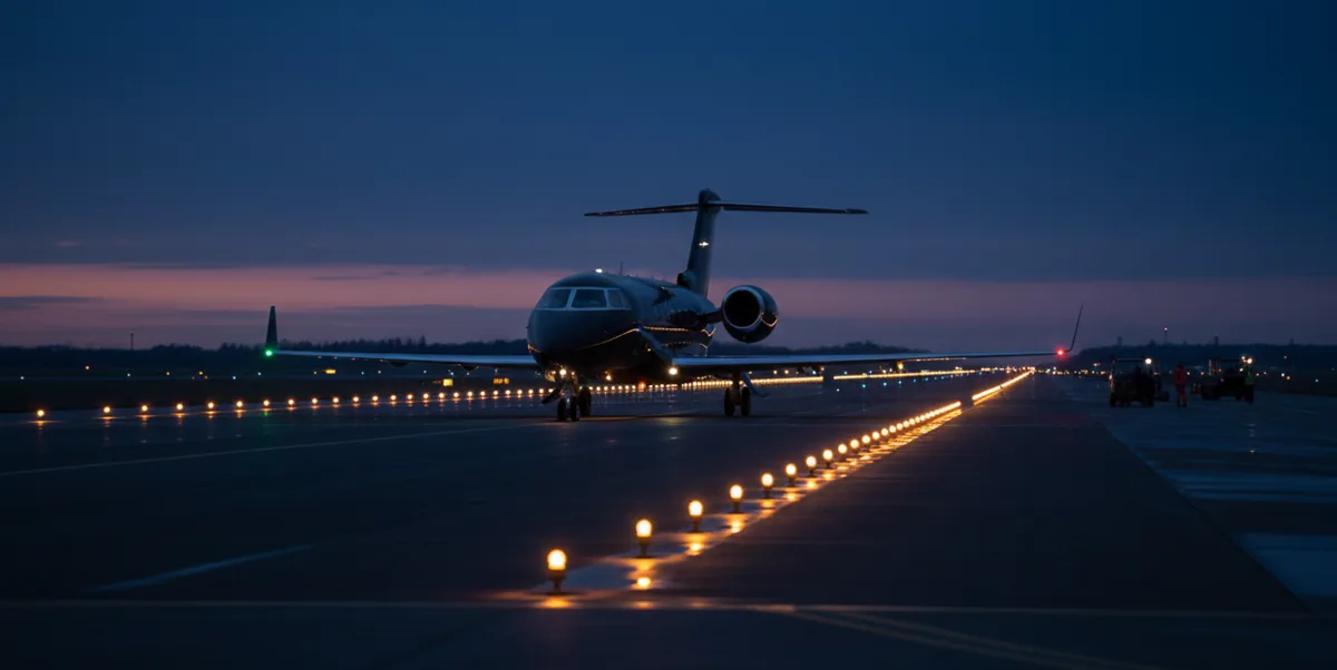 A private jet on an airport tarmac at dusk, prepared for a time-sensitive flight.