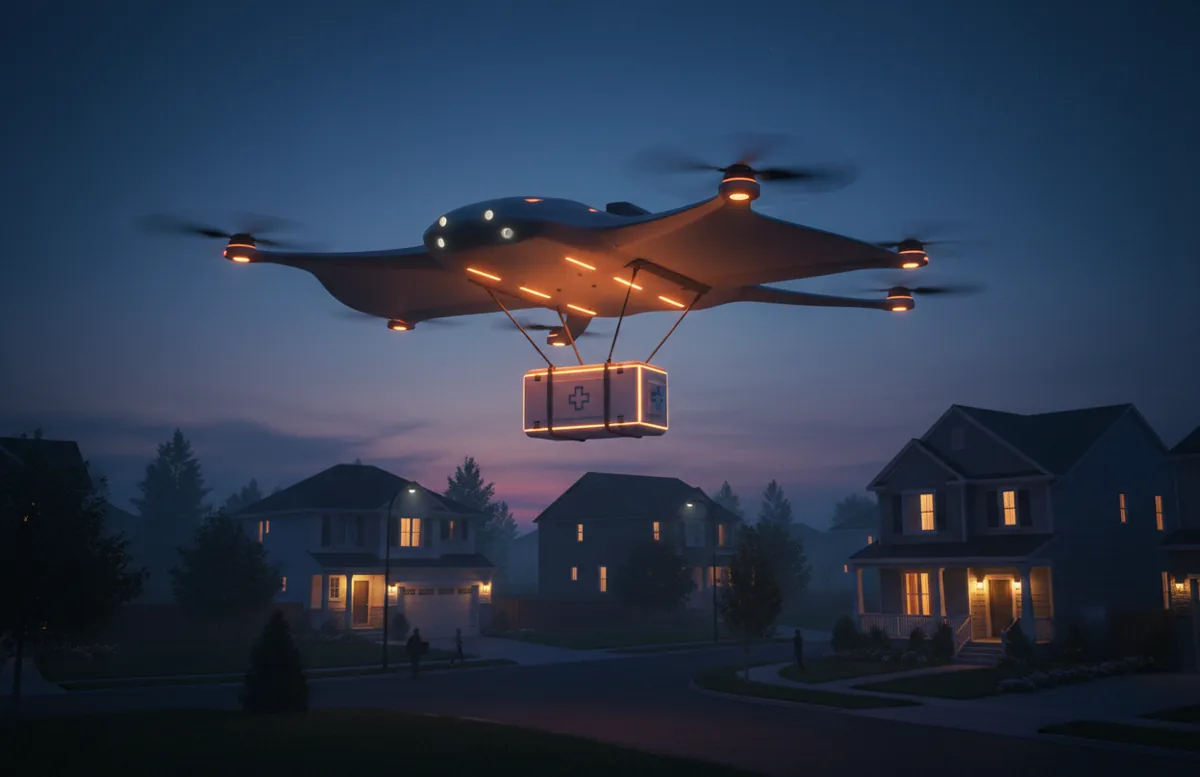 A futuristic medical drone flies over a suburban area at twilight, carrying a transport box.