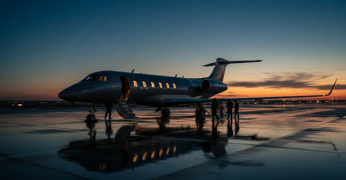 A private jet on an airport tarmac at twilight, prepared for departure.