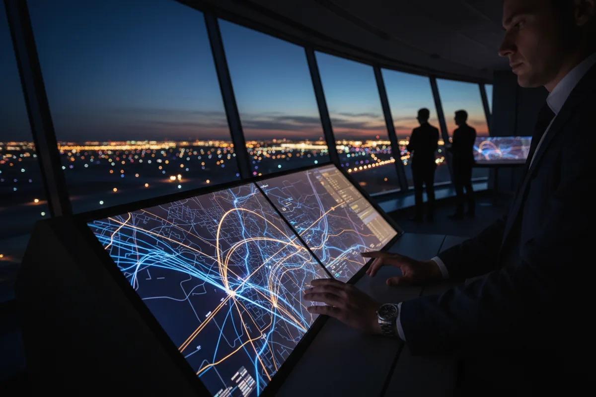 A flight path is monitored on a screen in a dark operations center overlooking an airfield.