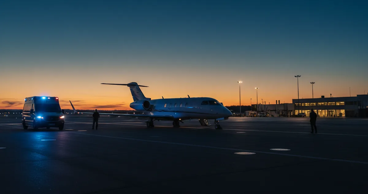 An ambulance waits beside a private jet on an airfield at dusk.