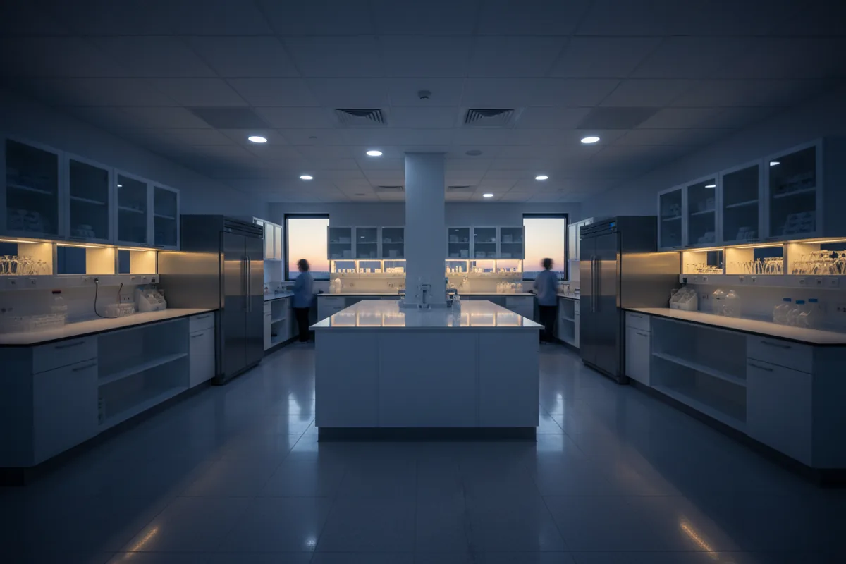 A clean hospital laboratory with steel refrigerators in soft daylight.