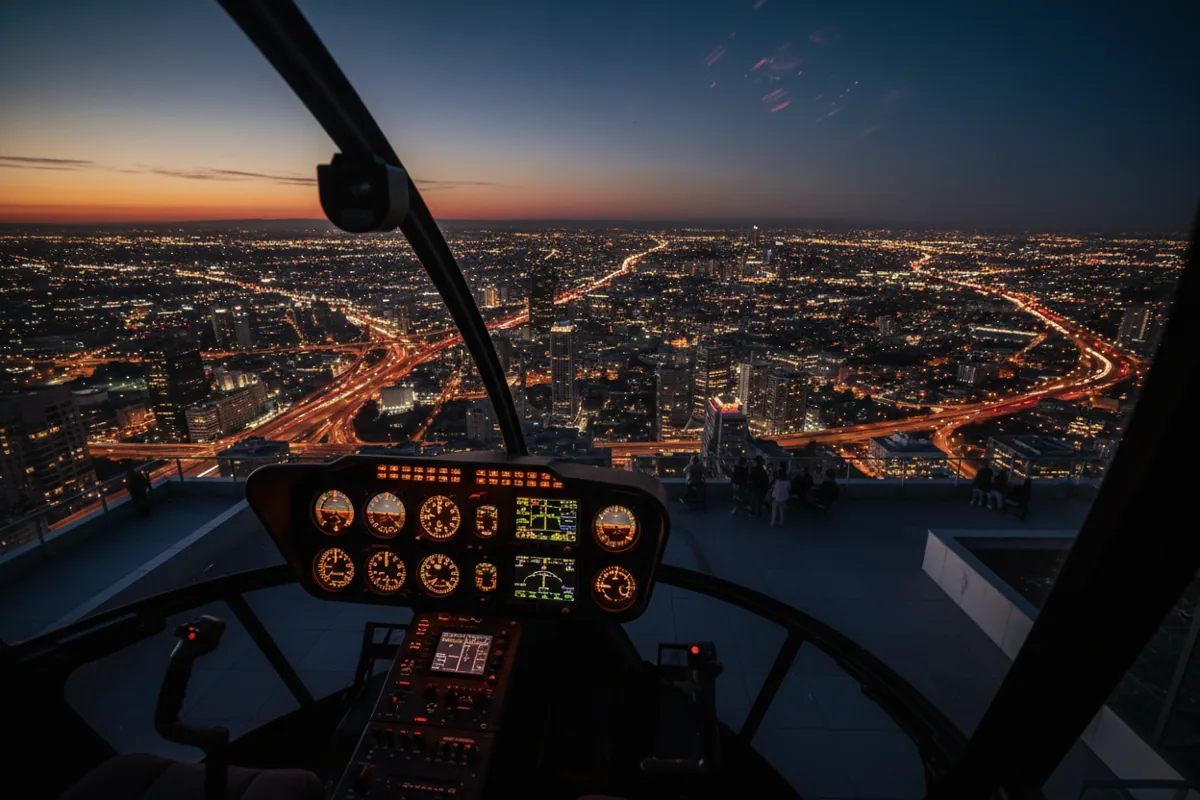 View from a helicopter cockpit flying over a city at night.
