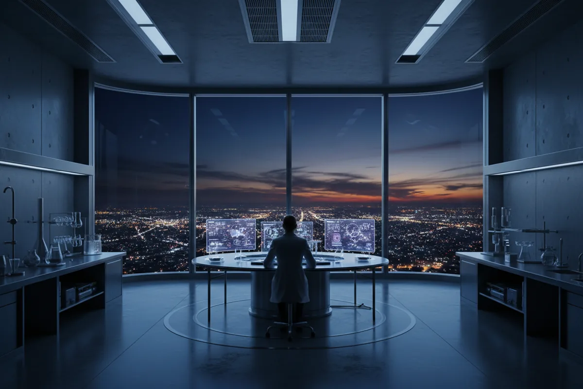 A researcher works in a modern laboratory overlooking a city at night.