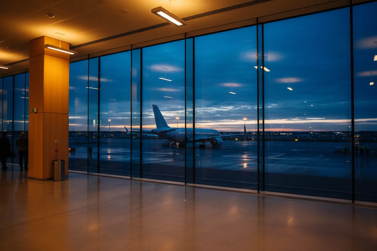 An airplane on the tarmac at dusk, viewed from inside a modern airport terminal.