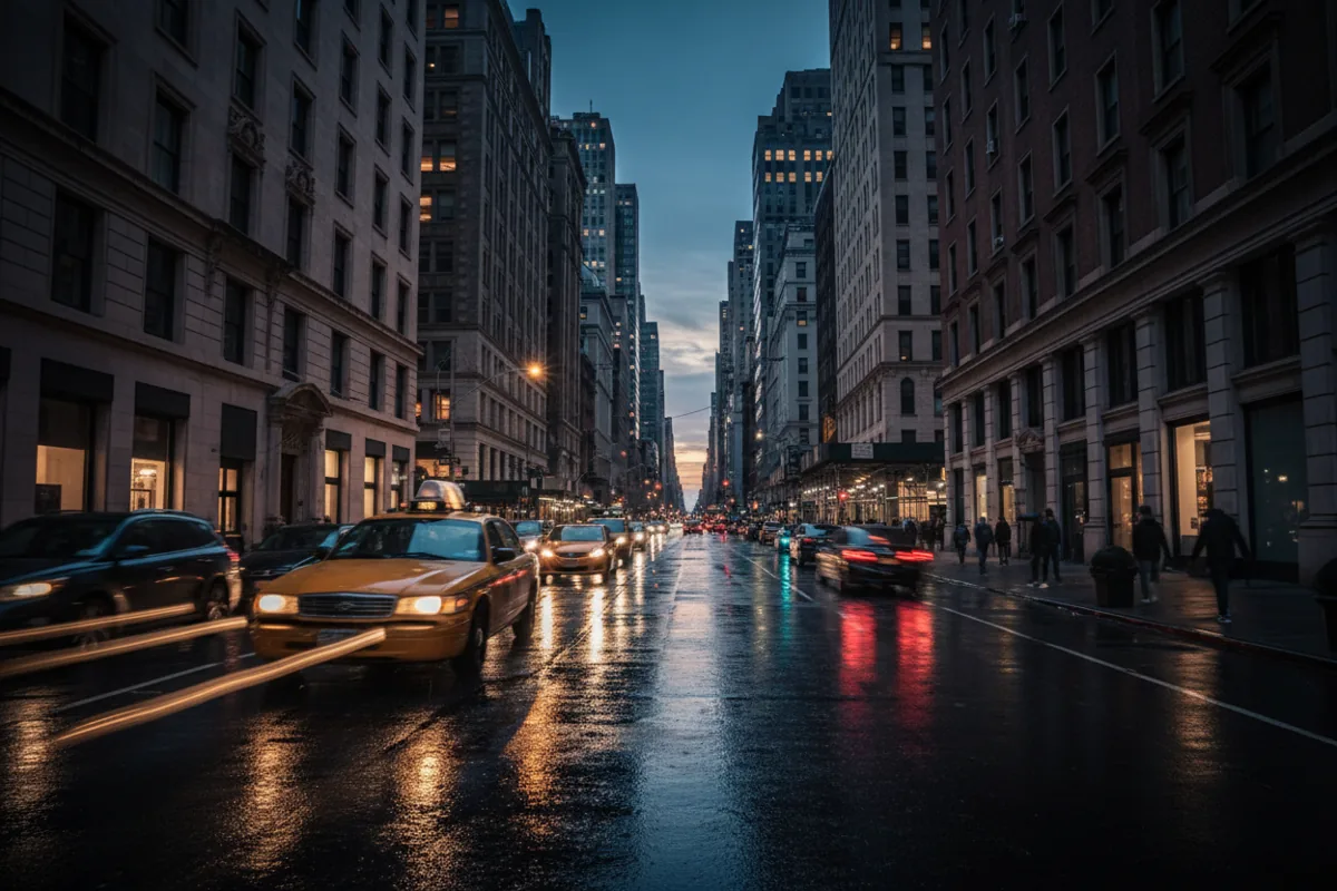 A yellow taxi cab creates a motion blur as it drives down a wet New York City street at dusk.