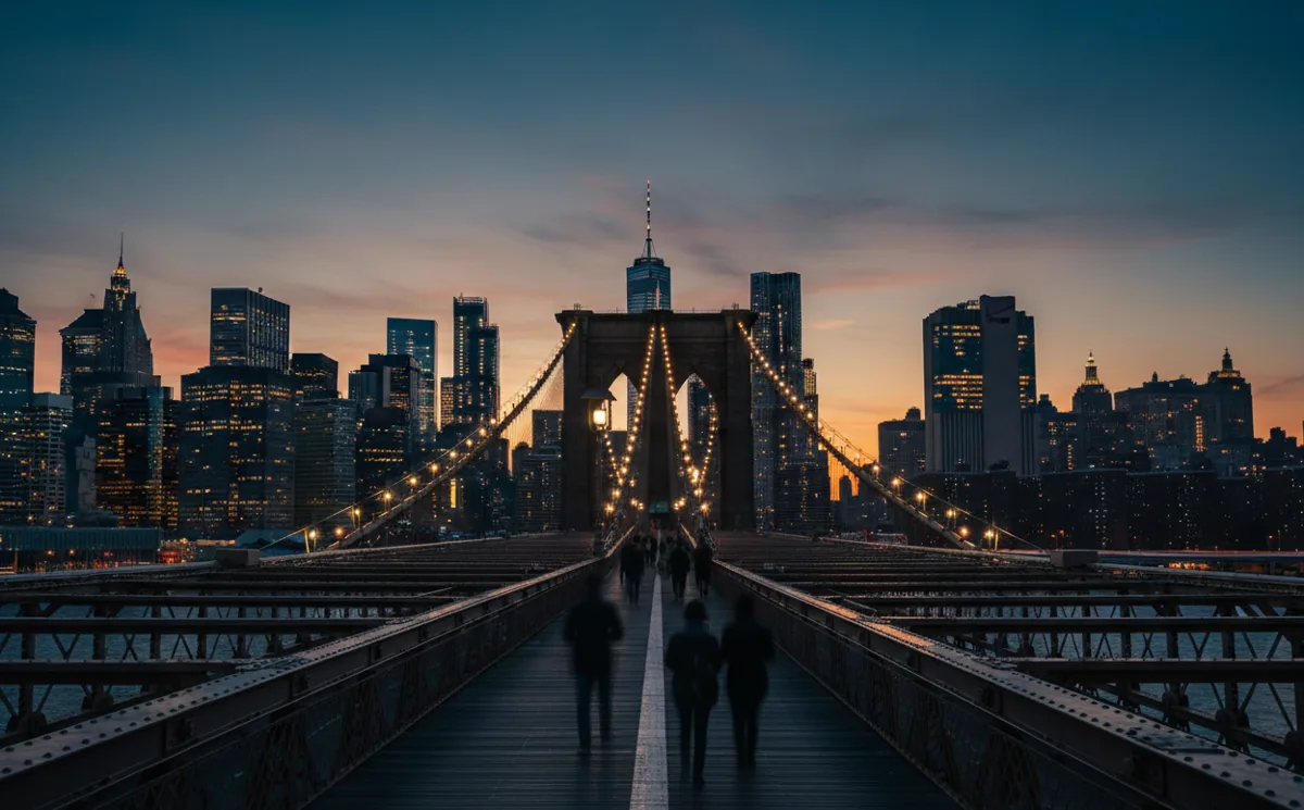 The illuminated Brooklyn Bridge and the Lower Manhattan skyline at dusk.