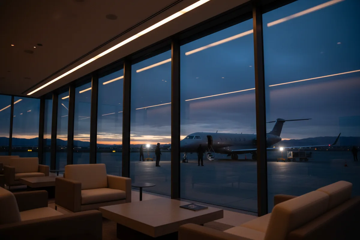 A private jet seen through the window of a modern airport lounge at twilight.