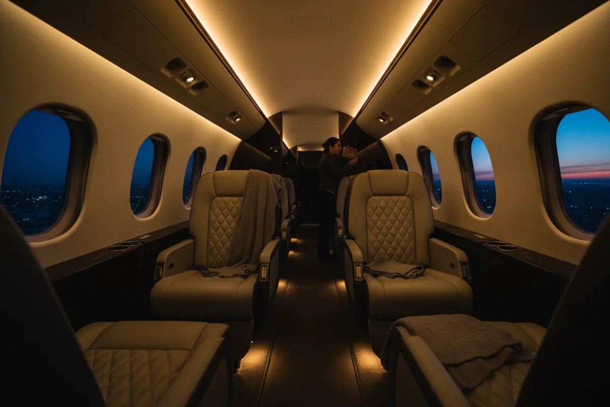 The empty, illuminated cabin of a luxurious private jet at night.