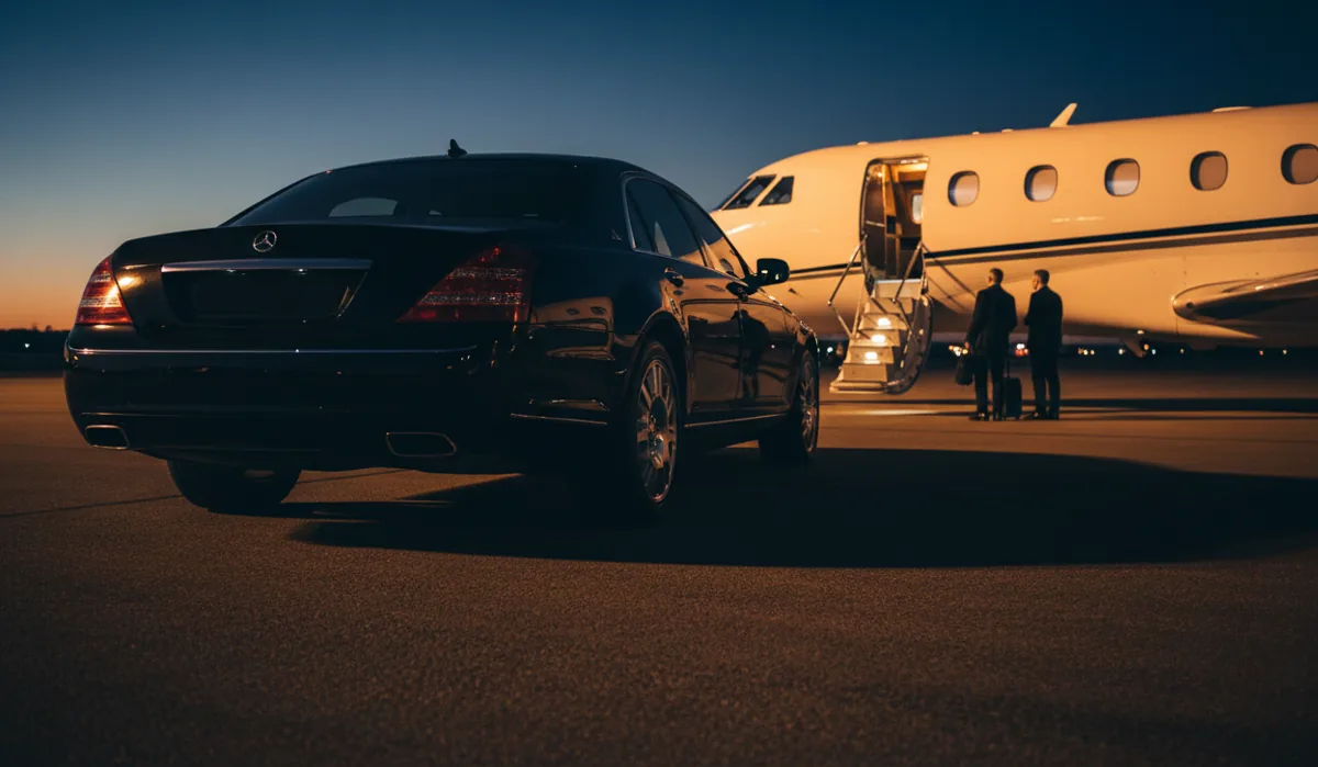 A black luxury car waiting next to a private jet on the tarmac at night.
